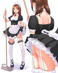 Rule 34 | 1girl, ass, breasts, brown eyes, brown hair, cleavage, clothes lift, detached collar, frills, garter straps, lifting own clothes, long hair, looking at viewer, maid, maid headdress, medium breasts, mop, multiple views, nanahime, no panties, open mouth, original, puffy short sleeves, puffy sleeves, short sleeves, skirt, skirt lift, thighhighs, white background, wrist cuffs
