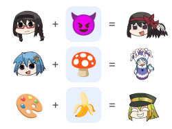 Rule 34 | 3girls, akemi homura, akuma homura, alina gray, black hair, black hairband, black headwear, black wings, blank eyes, blue eyes, blue hair, braid, closed eyes, commentary request, emoji, emoji kitchen (meme), equal sign, equation, fly agaric, fusion, gilcrows, glasses, green hair, hair ornament, hairband, hat, long hair, magia record: mahou shoujo madoka magica gaiden, mahou shoujo madoka magica, meme, miki sayaka, multicolored hair, multiple girls, mushroom, official alternate costume, open mouth, palette (object), peaked cap, plus sign, purple eyes, red-framed eyewear, red hairband, short hair, smile, streaked hair, surprised, twin braids, v-shaped eyebrows, wings