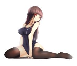 Rule 34 | 1girl, absurdres, bad id, bad pixiv id, between legs, black thighhighs, blush, breasts, brown hair, chou shippai-saku, cleavage, half updo, highres, impossible clothes, impossible swimsuit, large breasts, long hair, one-piece swimsuit, original, red eyes, simple background, sitting, solo, swimsuit, syouko, thighhighs, wariza, white background