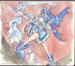 Rule 34 | 00s, 1girl, butterfly hair ornament, character name, cure aqua, hair ornament, highres, magical girl, minazuki karen, moodame, painting (medium), precure, solo, traditional media, watercolor (medium), wide ponytail, yes! precure 5