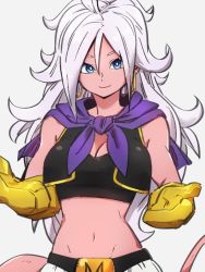 Rule 34 | 1girl, android 21, blue eyes, breasts, cleavage, closed mouth, colored skin, cosplay, dragon ball, dragon ball fighterz, earrings, gloves, grey background, hair between eyes, hoop earrings, jewelry, kemachiku, long hair, looking at viewer, majin android 21, majin buu, majin buu (cosplay), medium breasts, midriff, navel, pink skin, simple background, smile, solo, tail, white hair, yellow gloves