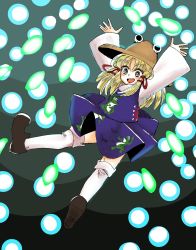 Rule 34 | 1girl, animal print, arms up, blonde hair, brown footwear, commentary request, danmaku, eyebrows, frog print, hat, highres, komaku juushoku, long hair, moriya suwako, open mouth, outstretched arms, purple skirt, purple vest, shoes, sidelocks, skirt, skirt set, smile, solo, thighhighs, touhou, vest, white thighhighs, wide sleeves, yellow eyes