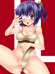 Rule 34 | 10s, 1girl, :o, ahoge, bad id, bad pixiv id, blue eyes, breasts, casual one-piece swimsuit, chuunibyou demo koi ga shitai!, cleavage, clothing aside, eyepatch, hair ribbon, medium breasts, one-piece swimsuit, one side up, partially visible vulva, purple hair, ribbon, sen (sansui), side ponytail, solo, swimsuit, swimsuit aside, takanashi rikka, v