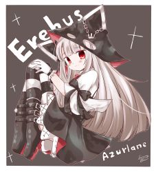 Rule 34 | 1girl, absurdres, anchor, azur lane, black bow, black footwear, black skirt, blunt bangs, blush stickers, boots, bow, brown background, brown hair, chain, character name, closed mouth, copyright name, erebus (azur lane), full body, gloves, highres, hood, hood up, long hair, red eyes, shimashiro itsuki, shirt, short sleeves, signature, skirt, smile, solo, striped clothes, striped thighhighs, thighhighs, thighhighs under boots, torn clothes, two-tone background, very long hair, white background, white gloves, white shirt, wide sleeves