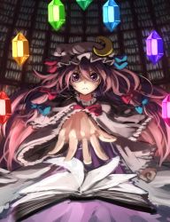 Rule 34 | 1girl, berabou, book, bow, crescent, gem, hair bow, hat, library, long hair, patchouli knowledge, purple eyes, purple hair, ribbon, solo, touhou