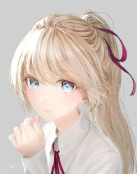 Rule 34 | 1girl, blonde hair, blue eyes, blush, collared shirt, dress shirt, grey background, hair ribbon, hand up, highres, long hair, long sleeves, looking at viewer, neck ribbon, ojay tkym, original, parted lips, ponytail, red ribbon, ribbon, school uniform, shirt, signature, solo, white shirt