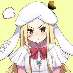 Rule 34 | 1girl, :t, absurdres, blonde hair, blush, bow, bowtie, brown eyes, bug, butterfly, butterfly on hat, capelet, commentary, compilation, facial mark, hat, heart, highres, insect, key, long hair, looking at viewer, luis cammy, nijisanji, oogushi aritomo, pout, puff of air, red bow, red bowtie, simple background, solo, upper body, v-shaped eyebrows, virtual youtuber, white capelet, white hat, yellow background