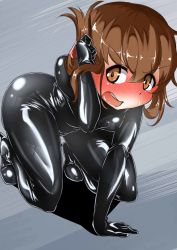 Rule 34 | 10s, 1girl, all fours, alternate costume, angry, ayuayu (shouyu no sato), black bodysuit, blush, bodysuit, brown eyes, brown hair, folded ponytail, full-face blush, tucking hair, high heels, inazuma (kancolle), kantai collection, kneeling, latex, latex suit, looking at viewer, open mouth, shiny clothes, solo