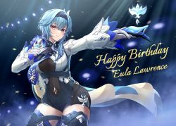 1girl birthday black_hairband black_thighhighs blue_hair bodystocking breasts cape character_name closed_mouth commentary_request eula_(genshin_impact) feather_hair_ornament feathers genshin_impact hair_ornament hairband hand_on_own_chest happy_birthday highres light_blue_hair long_sleeves looking_at_viewer medium_breasts medium_hair mon-chan navel purple_eyes smile solo thighhighs thighs two-tone_gloves upper_body vision_(genshin_impact) zettai_ryouiki