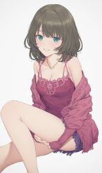 Rule 34 | 1girl, bare legs, bob cut, breasts, camisole, cleavage, collarbone, green eyes, grin, heterochromia, highres, hugging own legs, idolmaster, idolmaster cinderella girls, invisible chair, jacket, jewelry, looking at viewer, mikazuchi zeus, mole, mole under eye, necklace, red camisole, red jacket, ribbed camisole, shorts, simple background, sitting, small breasts, smile, solo, sweater jacket, takagaki kaede, white background