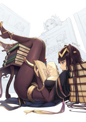 Rule 34 | 2girls, black cape, black nails, bodystocking, book, book stack, bookshelf, breasts, brown eyes, brown footwear, brown hair, cape, cleavage, closed mouth, commentary request, desk, fingernails, fire emblem, fire emblem awakening, headpiece, high heels, holding, holding book, kurosawa tetsu, large breasts, legs up, lissa (fire emblem), long hair, looking at another, lying, monochrome background, multiple girls, nail polish, nintendo, on back, open book, open mouth, partially colored, pelvic curtain, poster (object), profile, reading, robin (fire emblem), robin (male) (fire emblem), shoes, signature, simple background, skull, solo focus, tharja (fire emblem), two side up, white background