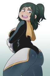 Rule 34 | 1girl, absurdres, angeliccmadness, arttmadness, ass, black leotard, boku no hero academia, breasts, capelet, cowboy shot, gloves, gradient background, green background, green eyes, green hair, highres, large breasts, leotard, long sleeves, looking down, matching hair/eyes, mature female, midoriya inko, open mouth, ponytail, simple background, solo, standing, teeth, upper teeth only, white gloves