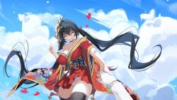 Rule 34 | 1boy, 1girl, ^ ^, absurdres, awwwwys, azur lane, bare shoulders, black hair, black thighhighs, blue sky, breasts, cleavage, closed eyes, cloud, cloudy sky, crossed bangs, from below, gloves, grin, hair between eyes, heart, highres, holding hands, japanese clothes, kimono, large breasts, long hair, mask, mask on head, military uniform, open mouth, panties, pov, pov hands, reaching, reaching towards viewer, red kimono, red skirt, skirt, sky, smile, taihou (azur lane), tengu mask, thighhighs, twintails, underwear, uniform, very long hair, white gloves, white panties, wide sleeves