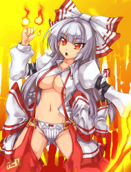 Rule 34 | &gt;:o, 1girl, :o, adapted costume, arm garter, blunt bangs, bow, breasts, chaps, cleavage, collarbone, crotchless, female focus, fiery background, fire, fire, fujiwara no mokou, groin, hair bow, hair ribbon, highres, large bow, large breasts, long hair, looking at viewer, multiple hair bows, navel, no bra, open clothes, open shirt, panties, pants, puffy sleeves, red eyes, revealing clothes, ribbon, sentarou, shirt, silver hair, solo, spread legs, standing, straight hair, suspenders, touhou, tsurime, unbuttoned, underboob, underwear, v-shaped eyebrows, very long hair, white panties