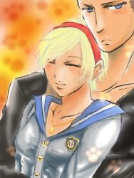 Rule 34 | 1boy, 1girl, alternate costume, bad id, bad pixiv id, blonde hair, blue eyes, breasts, couple, hairband, happy, jake muller, jewelry, leaning on person, necklace, aged up, resident evil, resident evil 2, resident evil 6, school uniform, serafuku, sherry birkin, short hair, small breasts, smile