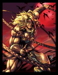 Rule 34 | 1boy, armor, bat (animal), blonde hair, breastplate, brown eyes, castlevania (1986), castlevania (series), danmakuman, full moon, headband, holding, holding whip, long hair, looking at viewer, male focus, moon, muscular, muscular male, red moon, simon belmont, solo, standing, vambraces, weapon