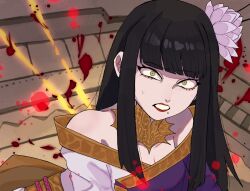 Rule 34 | 1girl, bare shoulders, black hair, blood, blunt bangs, clenched teeth, constricted pupils, final fantasy, final fantasy xiv, flower, from above, glaa da, gold trim, hair flower, hair ornament, highres, hyur, japanese clothes, kimono, long hair, looking at viewer, mole, mole under mouth, purple kimono, red lips, straight hair, sweat, teeth, two-tone kimono, upper body, white kimono, wide-eyed, yellow collar, yellow eyes, yotsuyu goe brutus