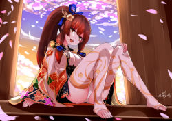 Rule 34 | 1girl, brown eyes, cherry blossoms, feet, highres, japanese clothes, khibiki (brequiem), no shoes, panties, petals, ponytail, puzzle &amp; dragons, red hair, sitting, smile, solo, thighhighs, toeless legwear, toes, tsubaki (p&amp;d), underwear