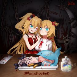Rule 34 | 2girls, absurdres, adi b.g., akai haato, akai haato (gothic lolita), ashes, blonde hair, blood, blood on clothes, blood on wall, bloody knife, blue eyes, blush, bow, breasts, chain, cleavage, cleaver, commentary, cosplay, dress, dual persona, english commentary, eyepatch, food, gawr gura, guro, hair bow, hair ornament, hair ribbon, hashtag, heart, heart hair ornament, heart necklace, highres, hololive, hololive english, horror (theme), jar, jewelry, knife, long hair, matches, meat, mori calliope, multiple girls, necklace, necktie, ninomae ina&#039;nis, one eye covered, open mouth, red dress, ribbon, scythe, smile, stitched neck, stitches, takanashi kiara, tentacles, virtual youtuber, watson amelia, watson amelia (cosplay)