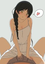 Rule 34 | 1boy, 1girl, :o, black hair, blurry, blush, bow, boxers, braid, breasts, bulge, cleavage, commentary request, crotch grab, depth of field, girl on top, grey male underwear, grinding, grinding over clothes, hair bow, hazuki ren, heart, highres, long braid, long hair, looking down, love live!, love live! superstar!!, male underwear, nightgown, open mouth, pov, sitting, sitting on person, sleeveless, teasing, underwear, vrccory, white nightgown, yellow eyes