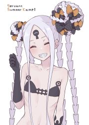 Rule 34 | 1girl, abigail williams (fate), abigail williams (swimsuit foreigner) (fate), abigail williams (swimsuit foreigner) (first ascension) (fate), absurdres, bare shoulders, bikini, black bikini, black bow, bow, breasts, closed eyes, collarbone, colored skin, double bun, fate/grand order, fate (series), forehead, grin, hair bun, highres, keyhole, kopaka (karda nui), long hair, multiple bows, navel, orange bow, parted bangs, ribs, sidelocks, small breasts, smile, swimsuit, third eye, very long hair, white hair, white skin