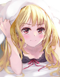 Rule 34 | 1girl, banned artist, bed sheet, black camisole, blonde hair, blush, breasts, camisole, collarbone, commentary request, hand up, long hair, looking at viewer, lying, on stomach, original, red eyes, red ribbon, ribbon, small breasts, solo, suihi, under covers, white background