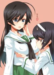 Rule 34 | 2girls, :d, ahoge, alternate eye color, black hair, black neckerchief, blouse, blue eyes, blush, grabbing another&#039;s breast, breasts, brown eyes, commentary, female pervert, girls und panzer, grabbing, green skirt, hagiya masakage, hairband, hand on own face, heart, highres, isuzu hana, large breasts, long hair, long sleeves, looking at another, motion lines, multiple girls, neckerchief, no mouth, ooarai school uniform, open mouth, pervert, pink background, pleated skirt, reizei mako, school uniform, serafuku, shirt, simple background, skirt, smile, sparkle, standing, translated, white hairband, white shirt