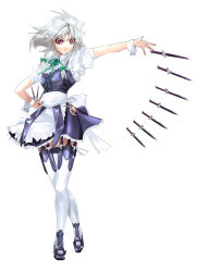 Rule 34 | 1girl, braid, crossed legs, embellished costume, embodiment of scarlet devil, female focus, frills, highres, ichikawa ryuunosuke, izayoi sakuya, knife, legs, looking at viewer, maid, maid headdress, outstretched arm, red eyes, short hair, silver hair, simple background, solo, standing, thighhighs, throwing knife, touhou, twin braids, weapon, white thighhighs, wrist cuffs