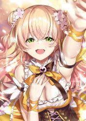 Rule 34 | 1girl, :d, arm up, bare shoulders, blonde hair, breasts, cleavage cutout, clothing cutout, commentary request, double bun, fang, flower, green eyes, hair between eyes, hair bun, hair flower, hair ornament, hand on own chest, highres, hololive, ks (xephyrks), large breasts, long hair, looking away, momosuzu nene, open mouth, ribbon, smile, solo, upper body, virtual youtuber, wrist ribbon, yellow ribbon
