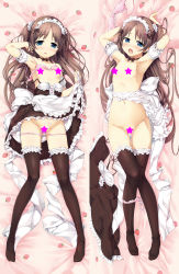 Rule 34 | 1girl, apron, armpits, arms behind head, blue eyes, blush, bow, bra, bra lift, breasts, brown hair, censored, censored nipples, choker, clothes lift, clothes pull, cura, dakimakura (medium), detached sleeves, dress, dress lift, dress pull, flat (company), flat chest, food print, frilled thighhighs, frills, groin, hair ornament, hair scrunchie, tucking hair, highres, lifting own clothes, long hair, lying, maid, maid apron, maid headdress, monobeno, multiple views, naked apron, navel, no shoes, on back, open bra, open mouth, panties, panties around leg, panty pull, pillow, pink bra, pink panties, print pillow, puffy detached sleeves, puffy sleeves, ribbon choker, sawai natsuha, scarf, scrunchie, small breasts, star censor, strawberry print, striped bra, striped clothes, tears, thigh gap, thighhighs, two side up, underwear, unfastened, unworn bra, unworn dress, very long hair