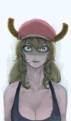 Rule 34 | 1girl, baseball cap, black tank top, blank stare, blonde hair, blue eyes, breasts, cleavage, constricted pupils, dragon girl, dragon horns, expressionless, gradient hair, green eyes, green hair, hair between eyes, hat, heterochromia, highres, horns, kobayashi-san chi no maidragon, large breasts, long hair, lucoa (maidragon), multicolored hair, parted lips, schiell, shaded face, solo, staring, tank top, unusually open eyes, upper body, wavy hair, yellow pupils
