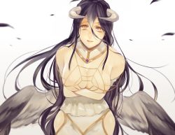 Rule 34 | 1girl, 2f sq, albedo (overlord), bare shoulders, black hair, black wings, breast hold, breasts, cleavage, demon girl, detached collar, female focus, hip vent, horns, large breasts, long hair, looking at viewer, low wings, overlord (maruyama), parted lips, solo, very long hair, wings, yellow eyes
