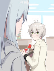 Rule 34 | 1boy, 1girl, arknights, blush, christmas, christmas tree, comic, eating, food, food in mouth, frostnova (arknights), gingerbread cookie, green eyes, grey hair, highres, holding, holding food, kitchen, mephisto (arknights), rabbit girl, short hair, tofudofu, white hair