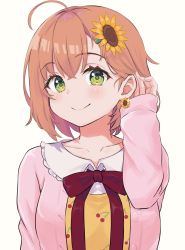 Rule 34 | 1girl, adjusting hair, arm up, blush, bow, breasts, brown hair, closed mouth, collarbone, earrings, flower, green eyes, hair flower, hair ornament, highres, honma himawari, jewelry, long sleeves, looking at viewer, medium breasts, natsunoiroha, nijisanji, red bow, short hair, smile, solo, sunflower, sunflower hair ornament, upper body, virtual youtuber