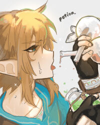 Rule 34 | 1boy, absurdres, black gloves, blonde hair, blue eyes, earrings, fingerless gloves, flask, gloves, highres, jewelry, link, male focus, medium hair, nintendo, open mouth, pointy ears, potion, round-bottom flask, shanodesu, solo, the legend of zelda, the legend of zelda: breath of the wild, tongue, tongue out