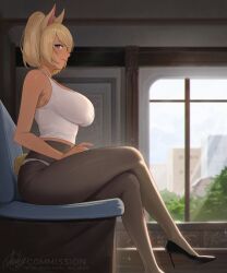 Rule 34 | 1girl, animal ears, bare arms, bare shoulders, black footwear, black pantyhose, blonde hair, blue eyes, blush, borrowed character, breasts, closed mouth, foot out of frame, from side, high heels, highres, indoors, large breasts, looking at viewer, medium hair, nhaliz, original, pantyhose, shephira (cert), shirt, sideways glance, sitting, sleeveless, smile, tail, thighs, white shirt, window