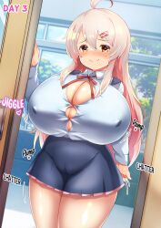 Rule 34 | 1girl, ahoge, breast expansion, breasts, bursting breasts, button gap, cameltoe, cleft of venus, colored inner hair, door, english text, female focus, genderswap, genderswap (mtf), grey hair, highres, huge breasts, impossible clothes, looking at viewer, multicolored hair, onii-chan wa oshimai!, oyama mahiro, pink hair, shiny skin, teruwo, thick thighs, thighs, yellow eyes