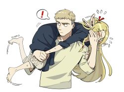 Rule 34 | !, 1boy, 1girl, absurdres, blonde hair, blue robe, blush, carrying, carrying person, closed eyes, covering another&#039;s mouth, dungeon meshi, ear wagging, elf, findoworld, flying sweatdrops, highres, hooded robe, kicking, laios touden, long hair, long sleeves, looking at another, marcille donato, pointy ears, robe, shirt, short hair, simple background, spoken exclamation mark, sweat, upper body, white background