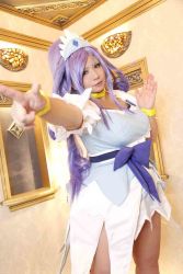 Rule 34 | 1girl, ankle boots, asian, blue eyes, blue hair, boots, bow, bracelet, breasts, choker, chouzuki maryou, cosplay, cure diamond (cosplay), dokidoki! precure, dress, headpiece, highres, jewelry, jpeg artifacts, large breasts, long hair, magical girl, matching hair/eyes, photo (medium), plump, pointing, ponytail, precure, puffy short sleeves, puffy sleeves, ribbon, short sleeves, solo, tiara