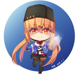 Rule 34 | 1girl, black footwear, black gloves, black hat, black skirt, blue background, blush, boots, brown eyes, brown hair, chibi, dated, fur hat, gloves, hair ornament, hairclip, hat, heart, heart-shaped pupils, jacket, kantai collection, long hair, long sleeves, looking at viewer, low twintails, machinery, moon ash, pantyhose, papakha, pleated skirt, scarf, simple background, sitting, skirt, solo, star (symbol), symbol-shaped pupils, tashkent (kancolle), thigh boots, thighhighs, torn clothes, torn scarf, twintails, white background, white jacket, white scarf, white theme