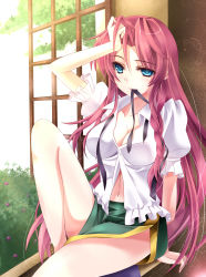 Rule 34 | 1girl, absurdres, arm support, bad id, bad pixiv id, blush, breasts, catsmoon, cleavage, highres, hong meiling, mouth hold, navel, open clothes, open shirt, pink hair, ribbon, shiny skin, shirt, sitting, touhou, window
