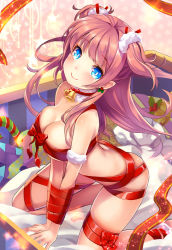 Rule 34 | 1girl, arm support, ass, bad id, bad pixiv id, bell, blue eyes, breasts, card (medium), christmas, cleavage, collar, highres, jam roll, kneeling, large breasts, long hair, majo taisen chronicle, naked ribbon, neck bell, nude, pink hair, ribbon, short twintails, smile, solo, twintails, two side up