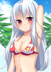 Rule 34 | 1girl, arm up, armpits, bare shoulders, bikini, blue sky, blush, breasts, cleavage, closed mouth, cloud, cloudy sky, collarbone, commentary request, day, hair between eyes, long hair, looking at viewer, medium breasts, misaki (misaki86), navel, original, outdoors, red bikini, red eyes, silver hair, sky, smile, solo, swimsuit, upper body, very long hair