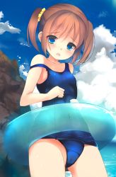 Rule 34 | 1girl, absurdres, artist request, blue eyes, blush, brown hair, character request, copyright request, highres, looking at viewer, sky, solo, swimsuit, tears, twintails, water