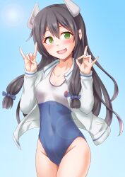 Rule 34 | 1girl, alternate costume, anti (untea9), black hair, blue bow, blue one-piece swimsuit, bow, breasts, collarbone, competition swimsuit, fox shadow puppet, green eyes, hair ribbon, headgear, high school fleet, highleg, highleg swimsuit, highres, i-47 (kancolle), kantai collection, long hair, low-tied long hair, neckerchief, one-piece swimsuit, open mouth, ribbon, sailor collar, school swimsuit, sidelocks, small breasts, smile, solo, swimsuit, tress ribbon