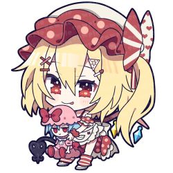 Rule 34 | 1girl, :p, alternate costume, apron, bad id, bad twitter id, blonde hair, bow, chibi, closed mouth, doll, flandre scarlet, full body, hat, hat bow, highres, holding, holding doll, laevatein (touhou), looking at viewer, one side up, pink hat, polka dot, polka dot headwear, red bow, red eyes, red hat, remilia scarlet, sample watermark, simple background, smile, solo, tongue, tongue out, touhou, waist apron, watermark, white apron, white background, yoriteruru