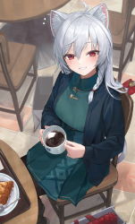 Rule 34 | 1girl, :d, ahoge, animal ear fluff, animal ears, bag, bell, black jacket, black pantyhose, blush, bow, braid, cafe, cake, cake slice, cat ears, cat girl, cat tail, chair, coffee, coffee mug, collared dress, cup, dress, ebiri fy, food, from above, green dress, grey hair, heart, highres, holding, holding cup, jacket, jingle bell, long hair, long sleeves, looking at viewer, looking up, mug, open clothes, open jacket, open mouth, original, pantyhose, parted lips, plate, red bow, red eyes, side braid, sitting, smile, solo, steam, table, tail, tail bow, tail ornament, tray