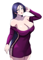 Rule 34 | 1girl, alternate costume, barghest (fate) (cosplay), breasts, cleavage, cosplay, covered erect nipples, dress, barghest (fate), fate/grand order, fate (series), highres, large breasts, long hair, minamoto no raikou (fate), purple dress, purple eyes, purple hair, short dress, simple background, sungose, very long hair, white background