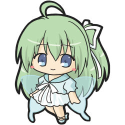 Rule 34 | 1girl, ahoge, blue eyes, blue footwear, blue shirt, blush stickers, chibi, closed mouth, commentary request, dress, fairy, fairy wings, full body, green hair, hair between eyes, hair ribbon, long hair, looking at viewer, one side up, original, puffy short sleeves, puffy sleeves, ri-net, ribbon, shirt, short sleeves, simple background, smile, solo, transparent, transparent wings, very long hair, white background, white dress, white ribbon, wings