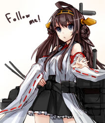 Rule 34 | 10s, 1girl, blush, brown hair, detached sleeves, double bun, hair bun, hairband, japanese clothes, kantai collection, kongou (kancolle), kou mashiro, long hair, long sleeves, open mouth, personification, simple background, skirt, smile, solo, white background, wide sleeves